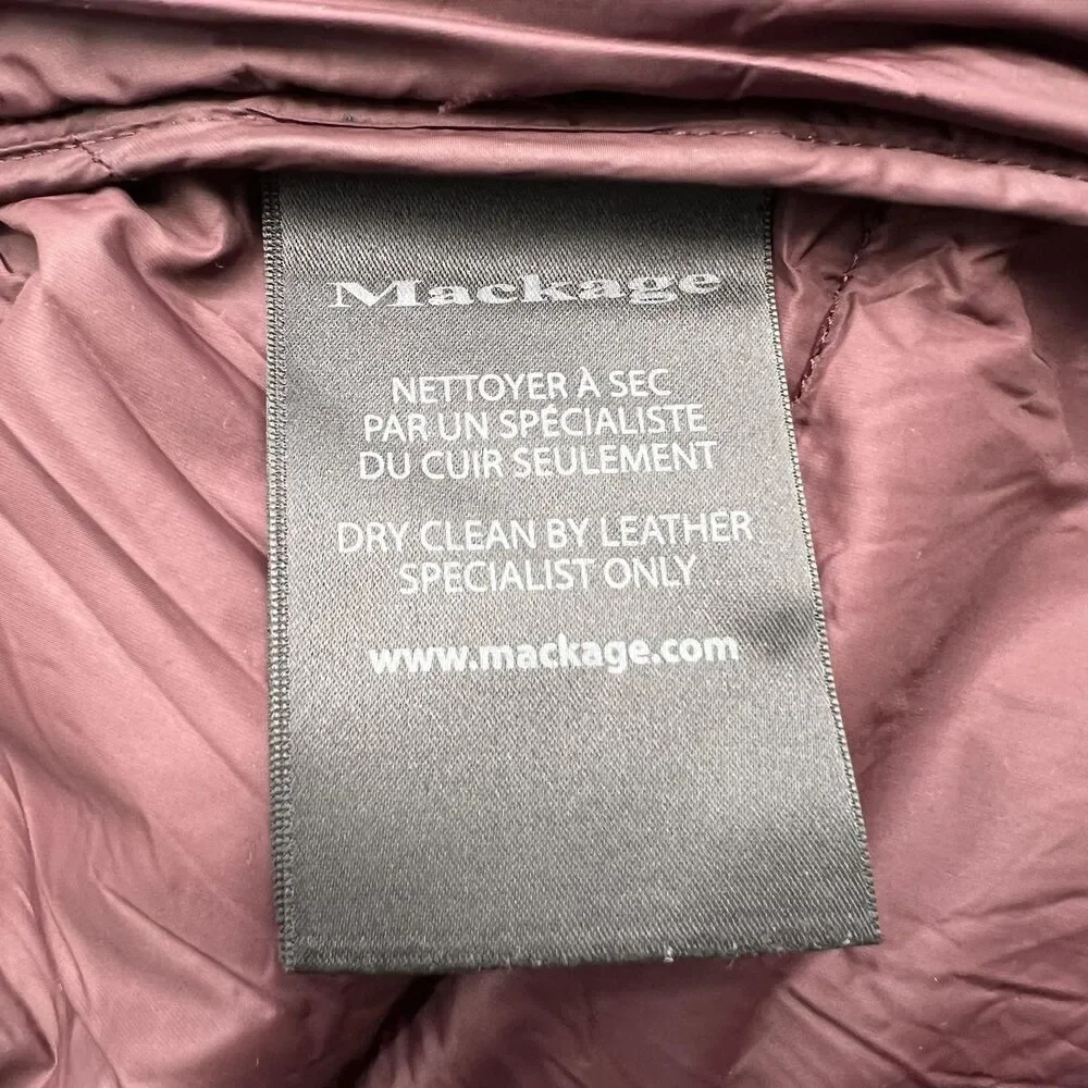 Mackage Down Puffer Coat Womens Large Burgundy Nylon Leather Trim Jacket - Picture 10 of 14